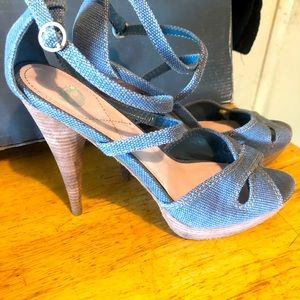denim high heels. 5” high. Size 8